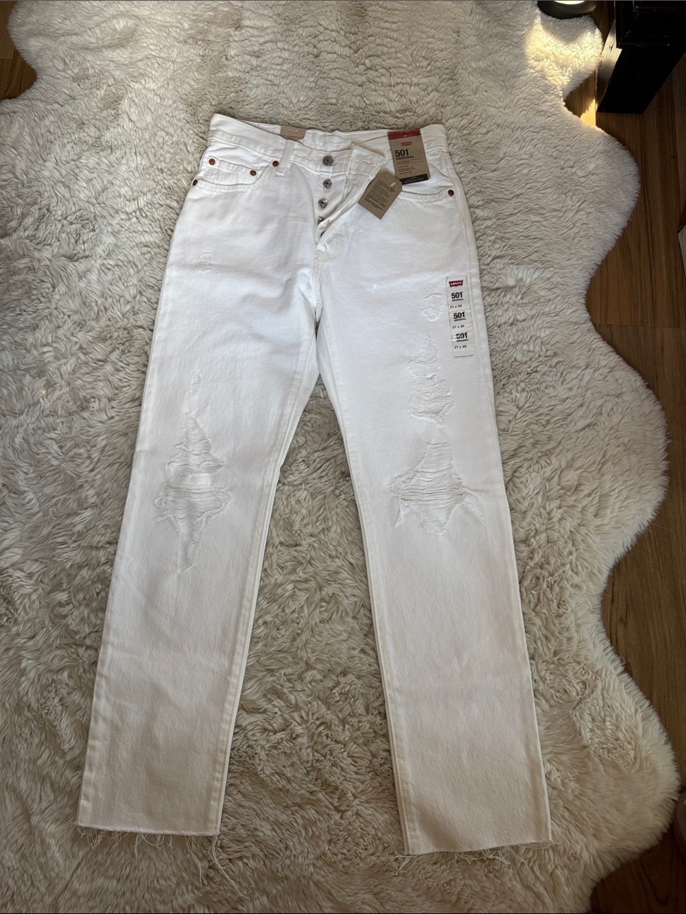 Levi's 501 Original Distressed White Button-Fly Jeans - Picture 2 of 7